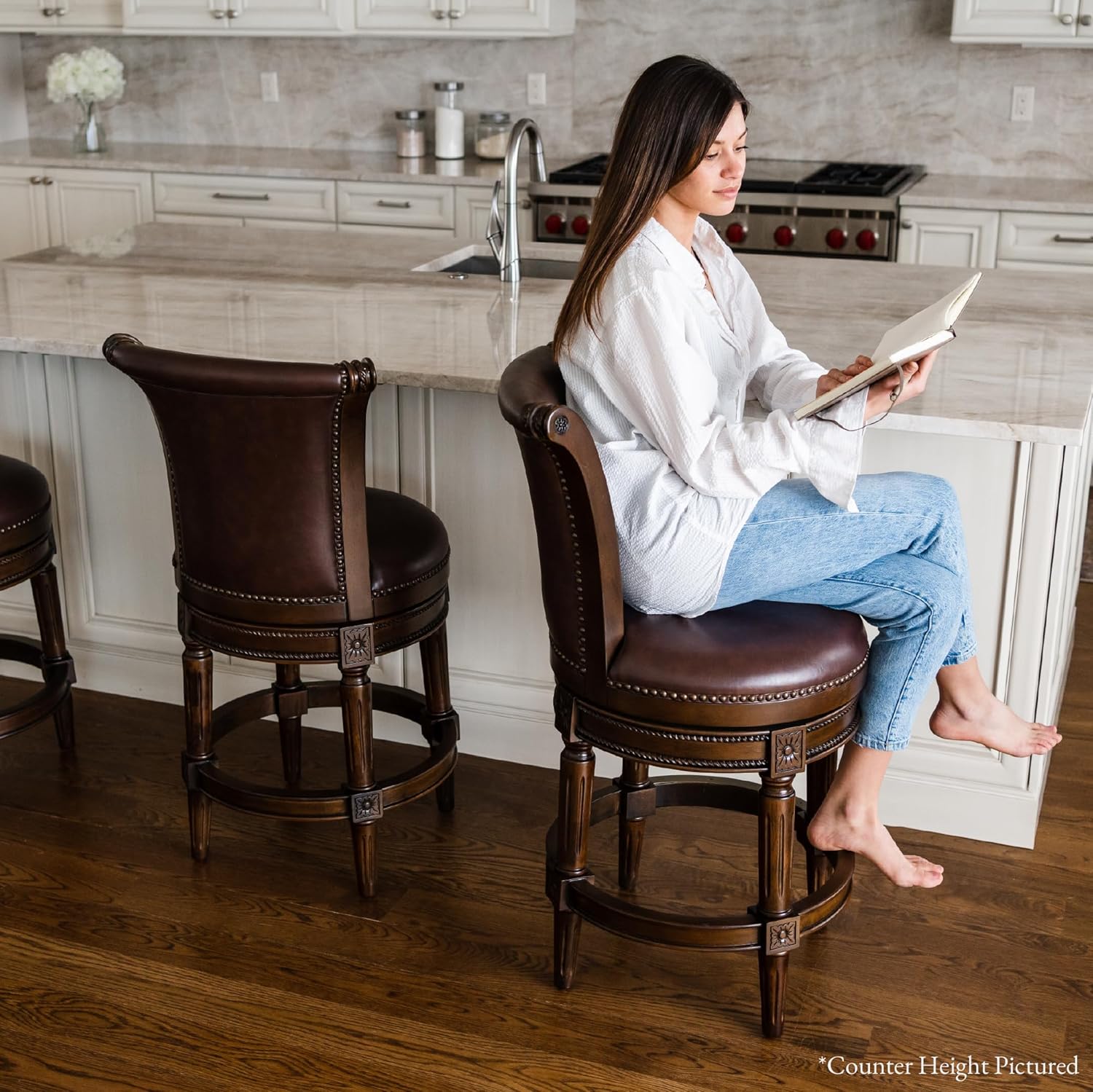 Maven Lane Pullman Bar Stool 31 Inches – Set of 4 – Swivel Stools with Footrest – Dark Brown Solid Wood Frame & Brown Faux Leather Upholstery – Perfect for Bars, Pub Tables & Tall Kitchen Counters