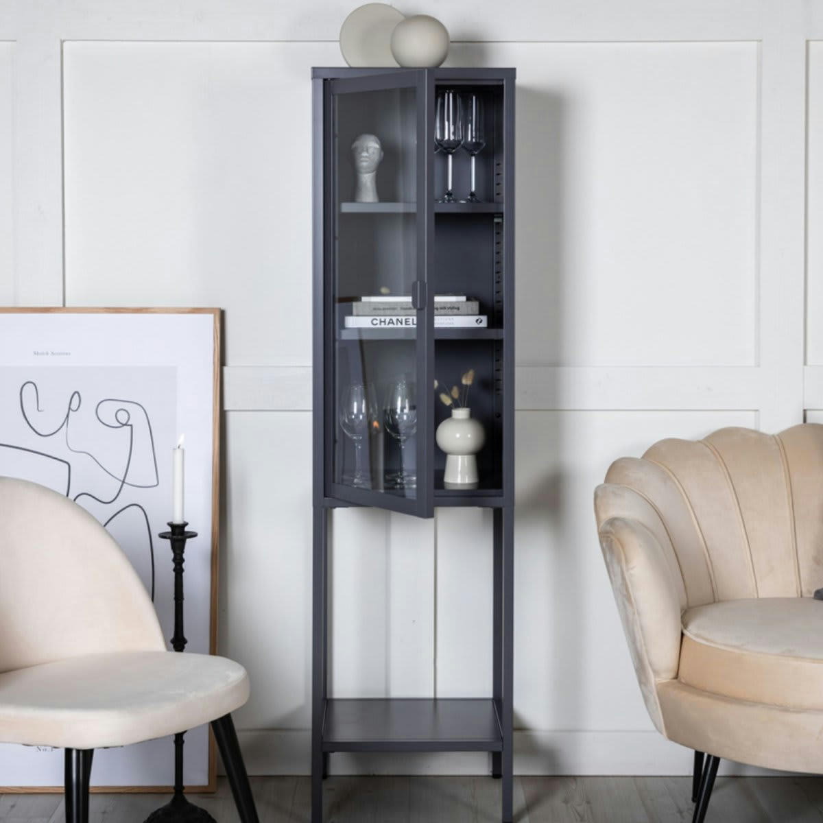 EMI - Buffet haut industriel vitré en métal gris 150cm