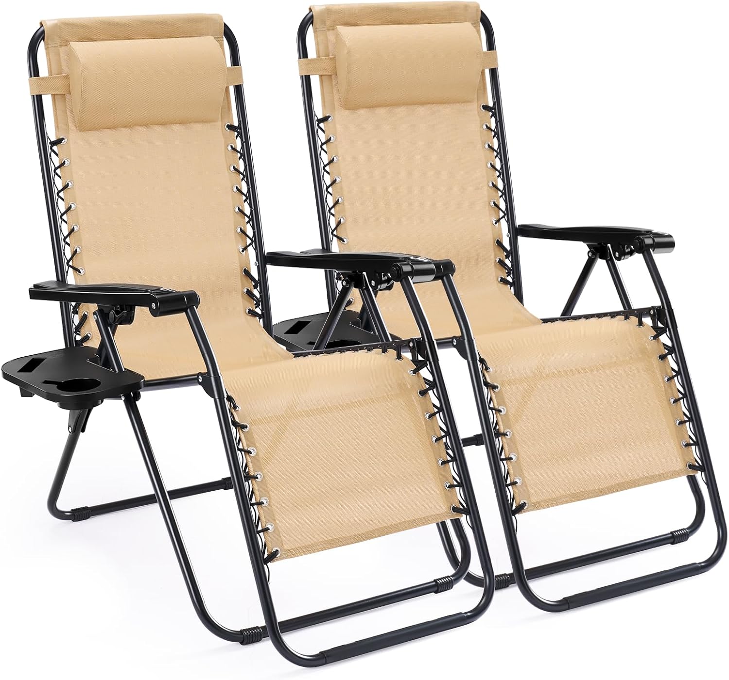 Sweetcrispy Zero Gravity Chairs, Set of 2 Portable Recliner Beach Camping Patio Outdoor Folding Lounge Chair with Cup Holder Trays and Adjustable Pillow for Poolside, Garden, Backyard, Lawn (Khaki)