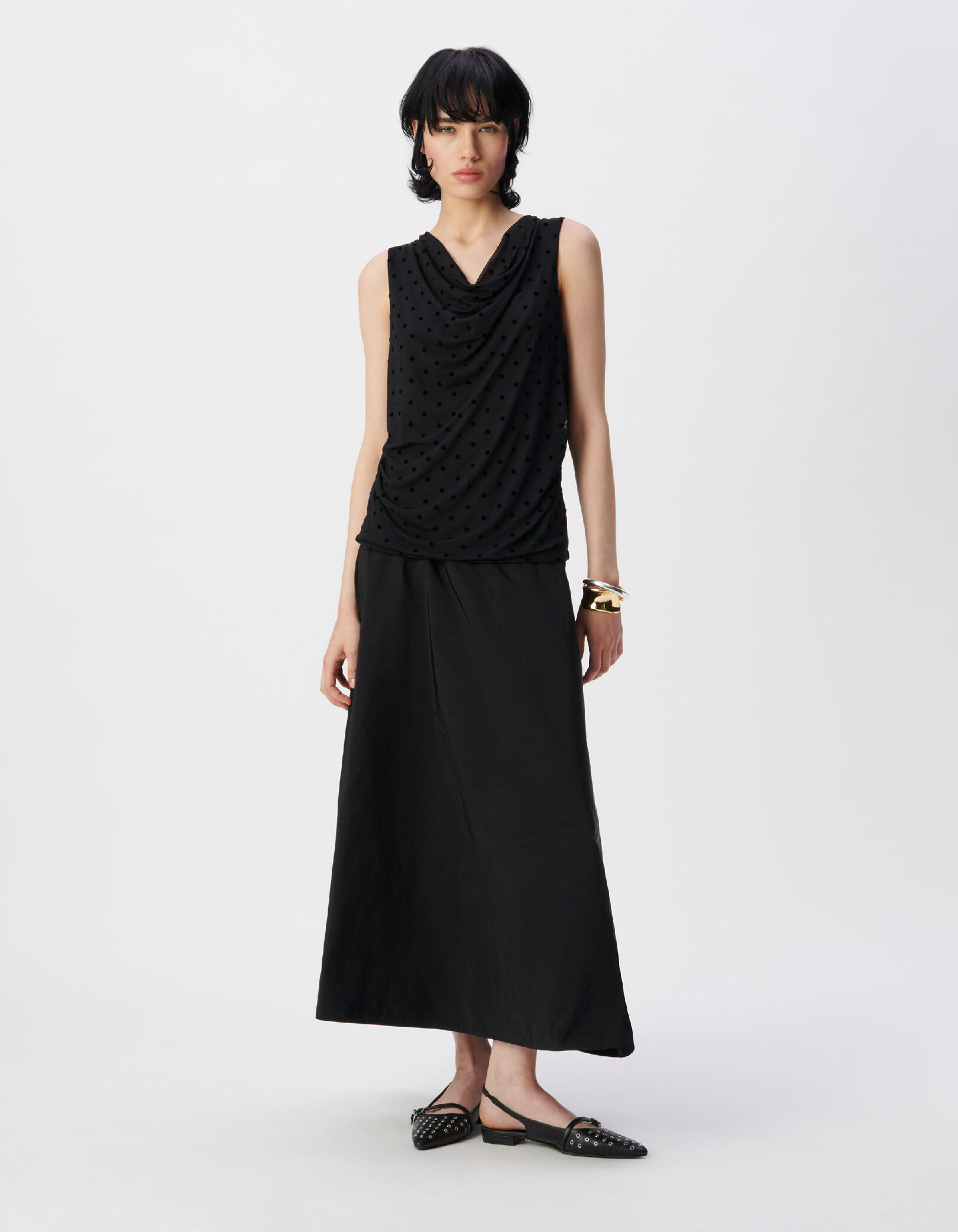 Tee-shirt sans manches noir résille motif pois Femme