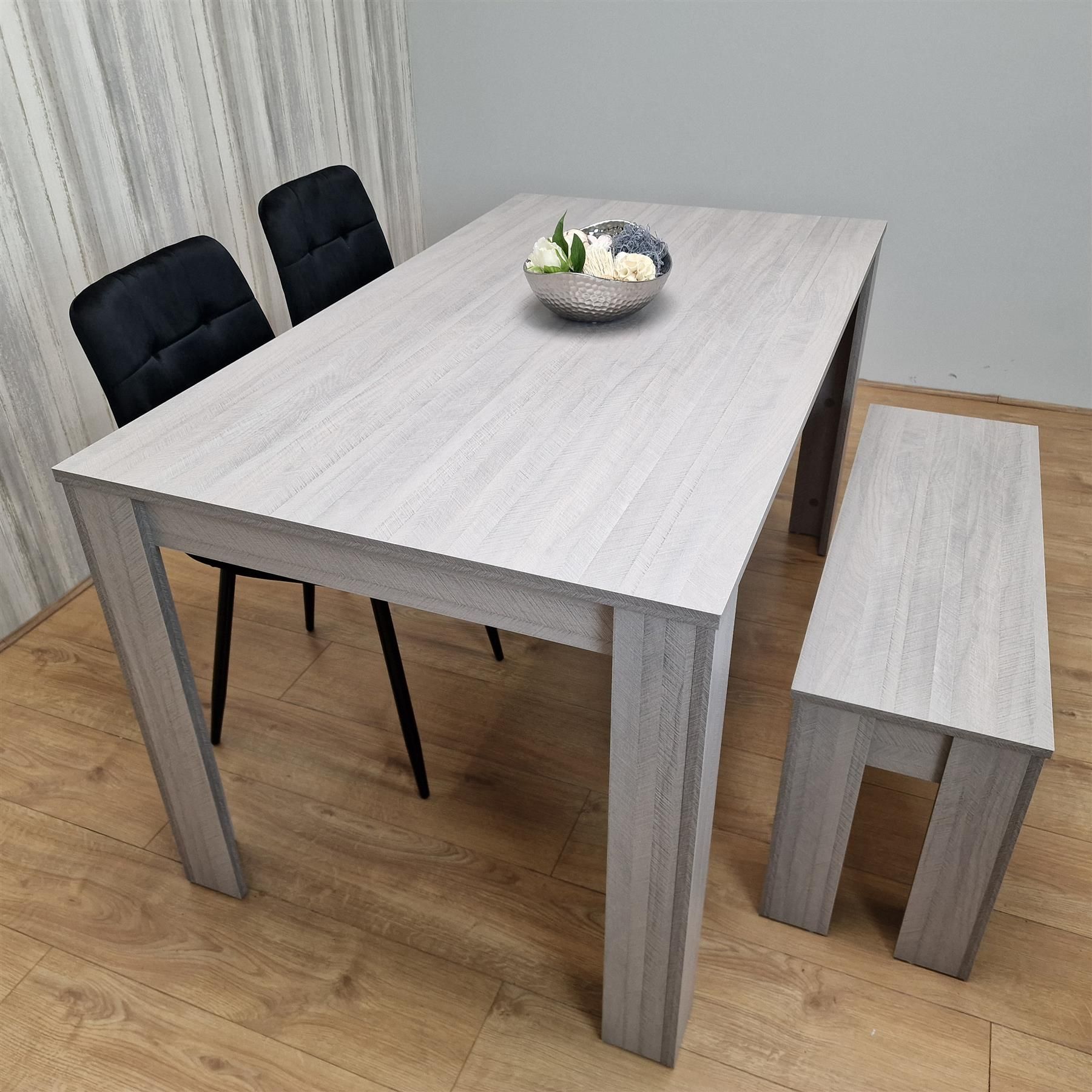 KOSY KOALA Modern Grey Rectangle Dining Table Set With 2 Black Velvet Chairs And 1 Bench Dining Room Furniture