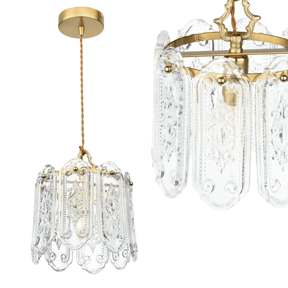 Lampa wisząca szklana zdobione klosze E17 40W złota szklane panele glamour