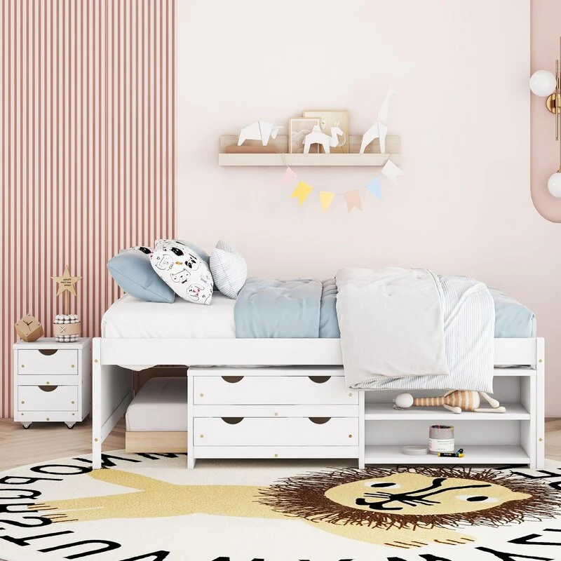 Full Size Platform Bed with Trundle,Under bed Storage Box and Nightstand