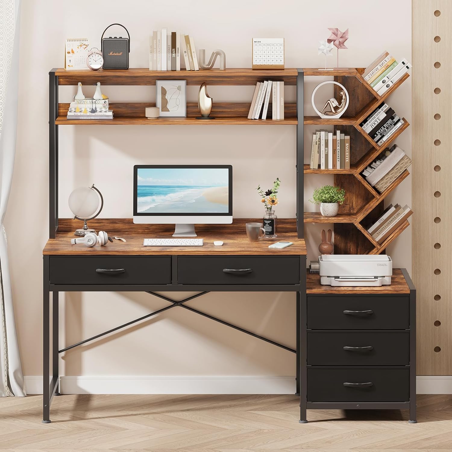 YOMILUVE Reversible Computer Desk with Hutch, Home Office Desk with 5 Drawers and Bookshelf, 52'' Study Writing Desk with Storage Shelves for Bedroom Home Office, Rustic Brown