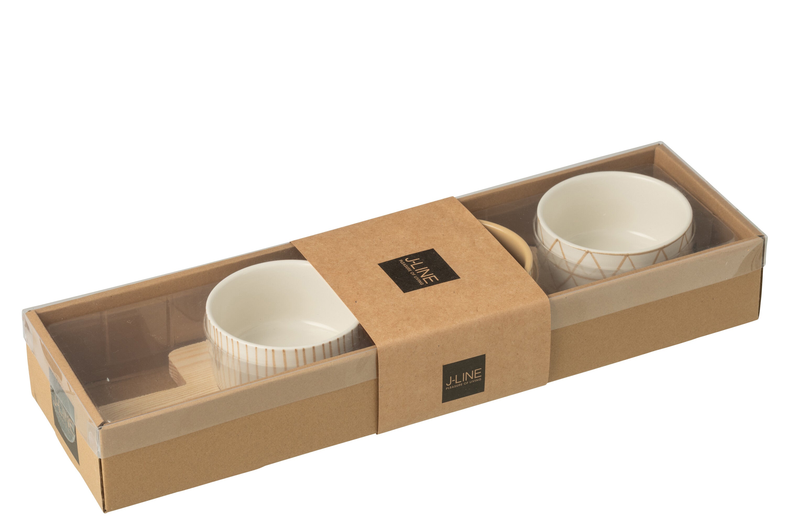 J-Line tapasplank 3 kommen   bambouschaal In Doos - keramiek/hout - wit/creme