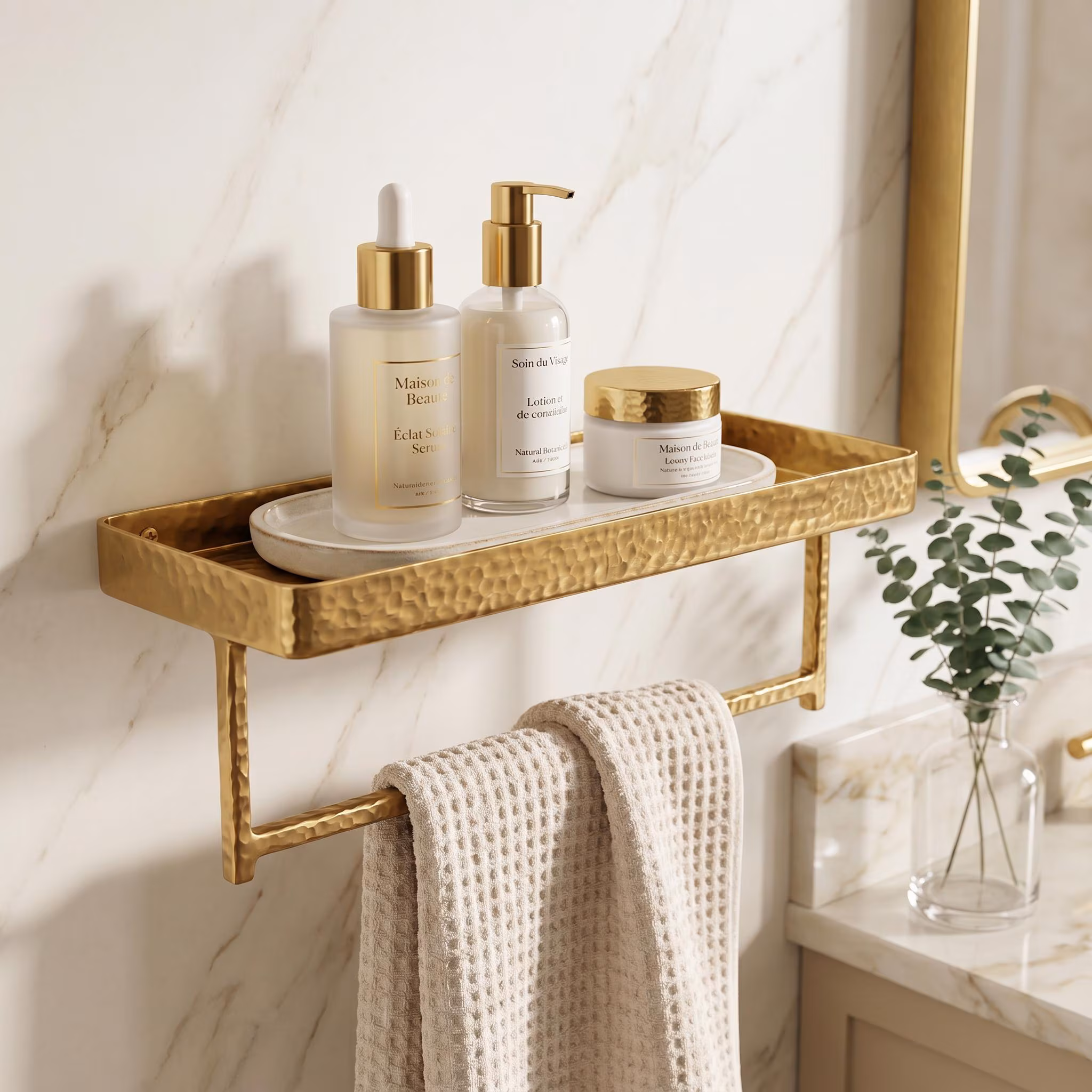 Hammered Brass Bathroom Shelf with Towel Bar, Modern Minimalist Organizer Rack