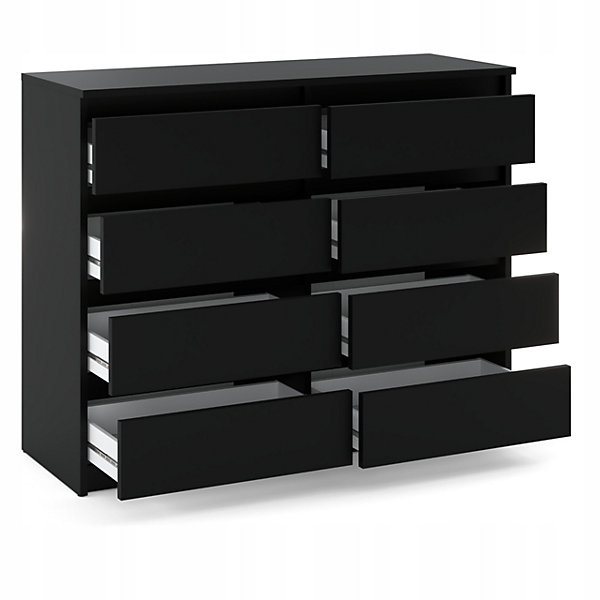 Commode moderne 120 cm Noir mat- 8 tiroirs, grand meuble de rangement pour salon