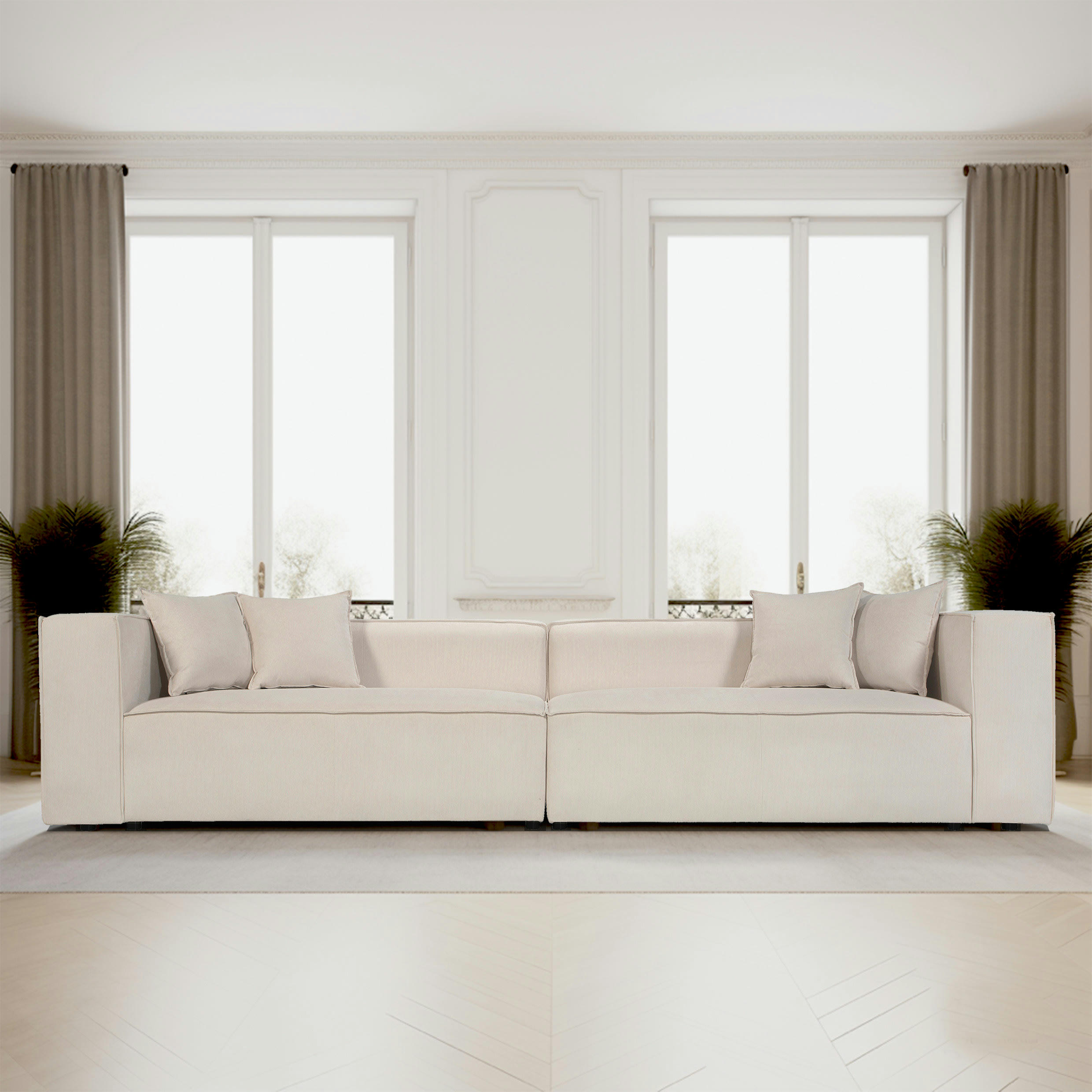 LIVAL - Canapé droit modulable 5 places en velours côtelé beige