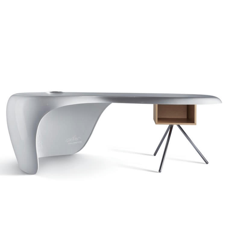 UNO - Bureau direction en polyuréthane blanc caisson noyer