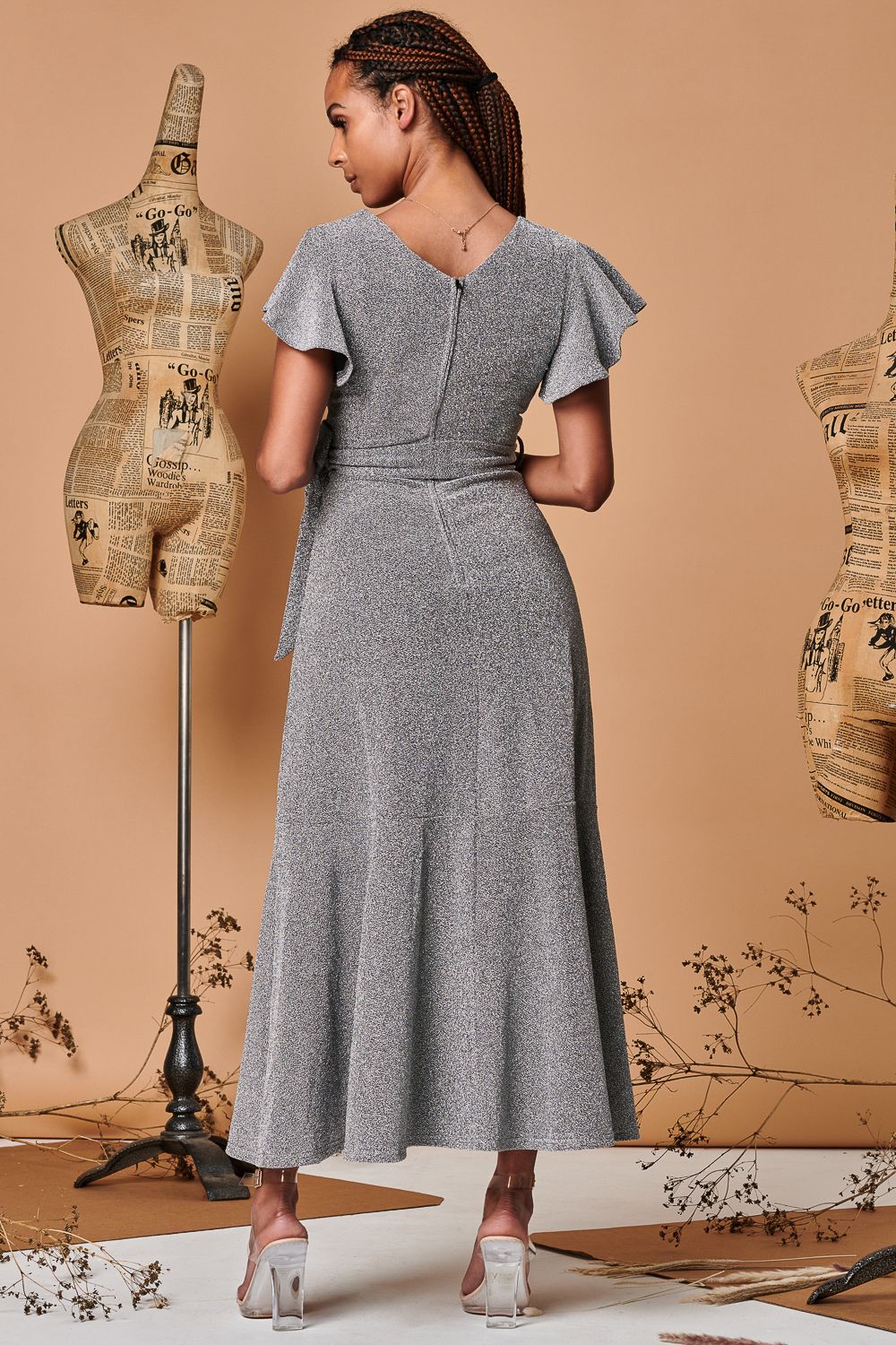 Jolie Moi Metallic Effect Ruffle Hem Maxi Dress