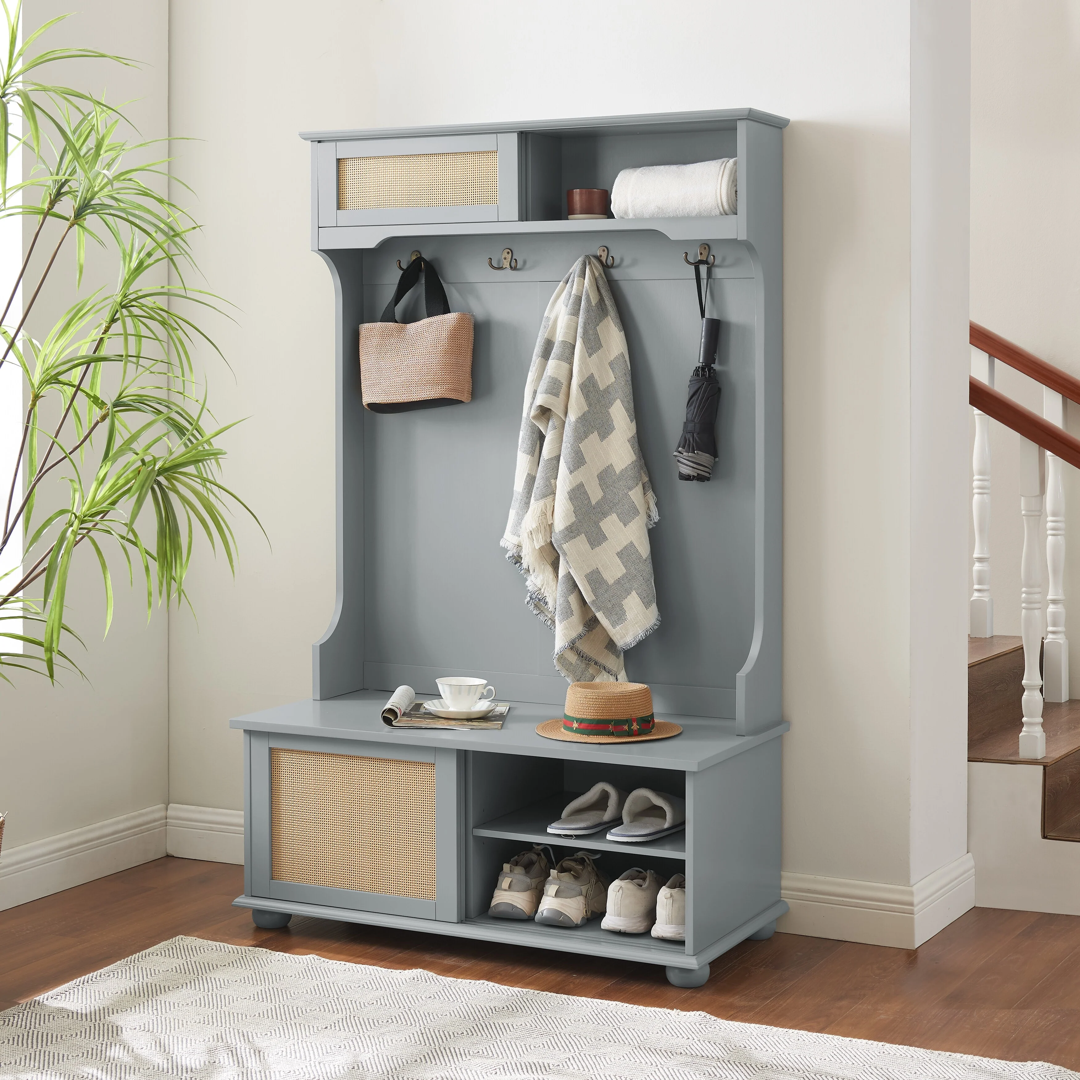 Clothes Hanger Hall Tree Storage Bench Shoe Rack for Entryway with Bench and Shoe Storage,Rattan Door,40.16W*18.58D*64.17H