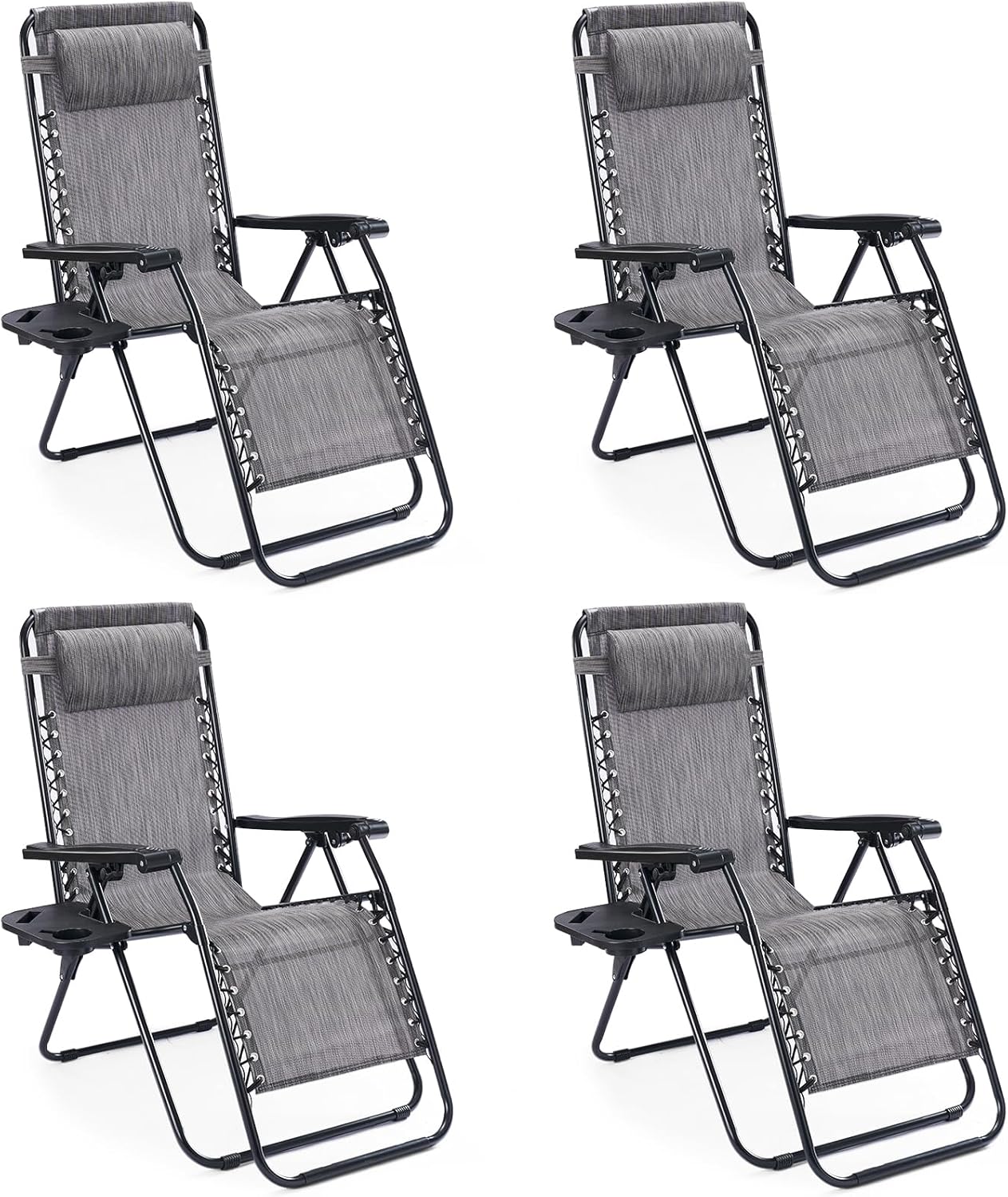 Sweetcrispy Zero Gravity Chairs, Set of 4 Portable Recliner Beach Camping Patio Outdoor Folding Lounge Chair with Cup Holder Trays and Adjustable Pillow for Poolside, Garden, Backyard, Lawn (Grey)