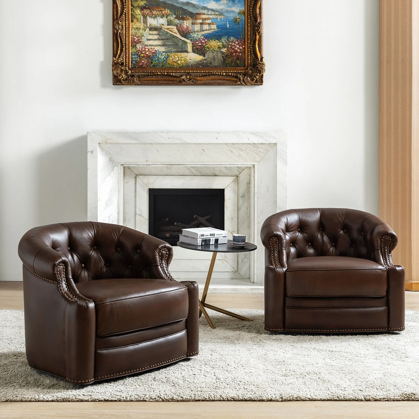 Felipe Modern Genuine Leather Swivel Chair With Tufted Back Set of 2 By HULALA HOME
