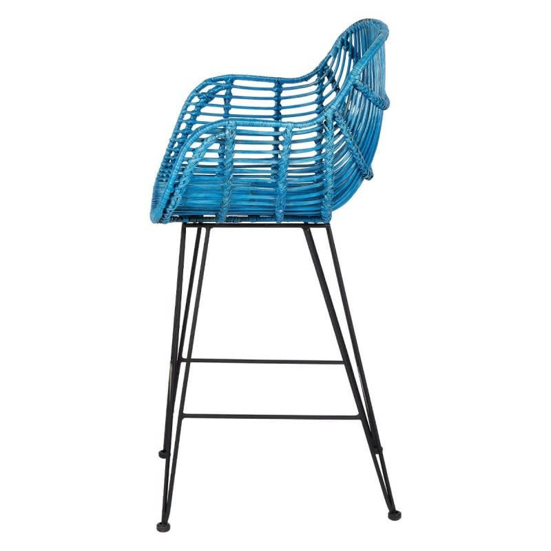 OSLO - Chaise haute de bar en rotin bleu et métal