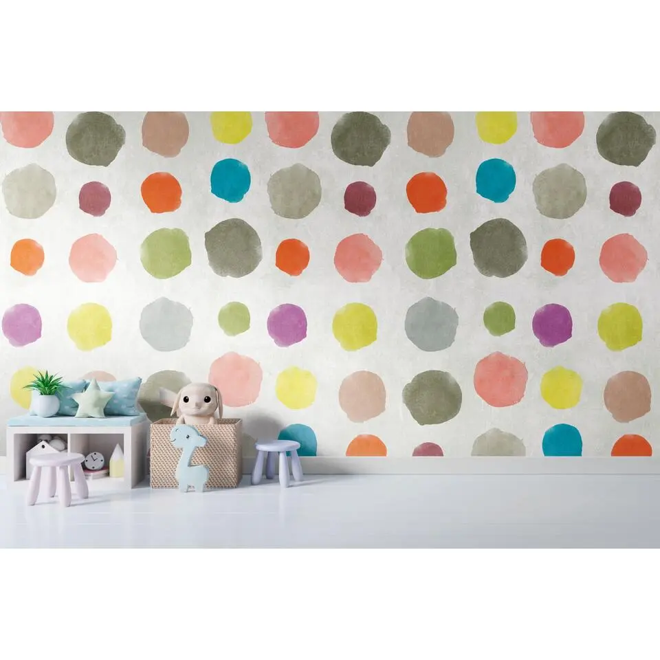 One Wall one Role fotobehang stip meerkleurig, roze, geel, rood en lila paars