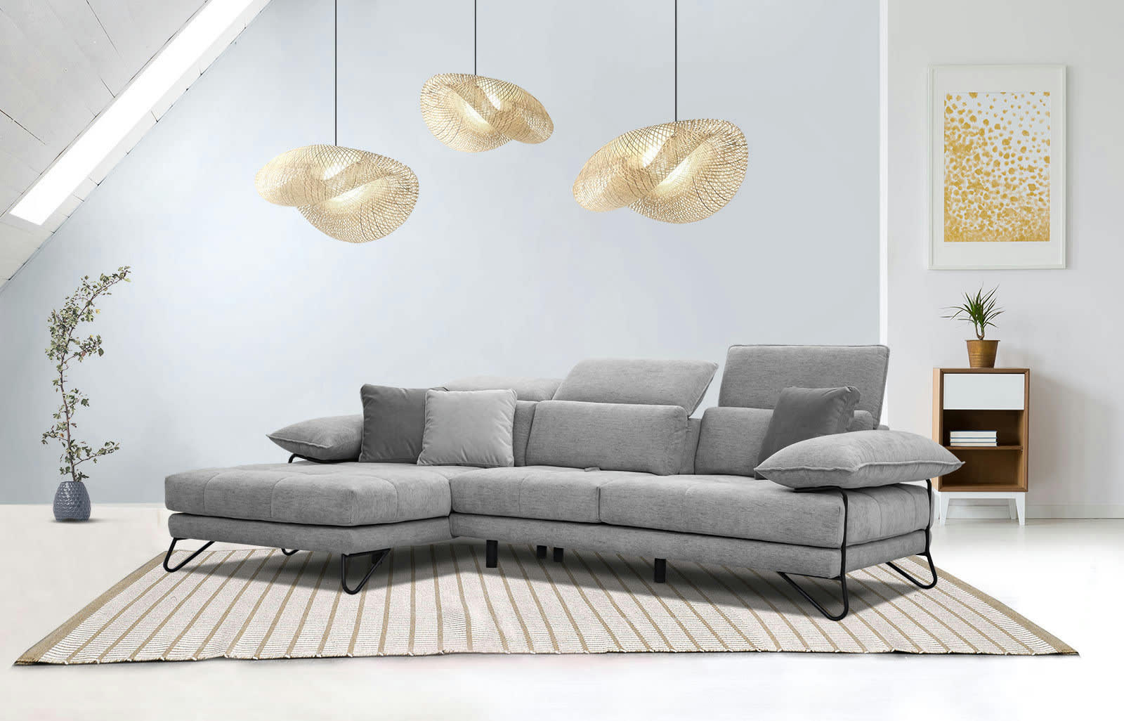 NORDEN - Canapé d'angle gauche 4 places en tissu gris avec coussins déco