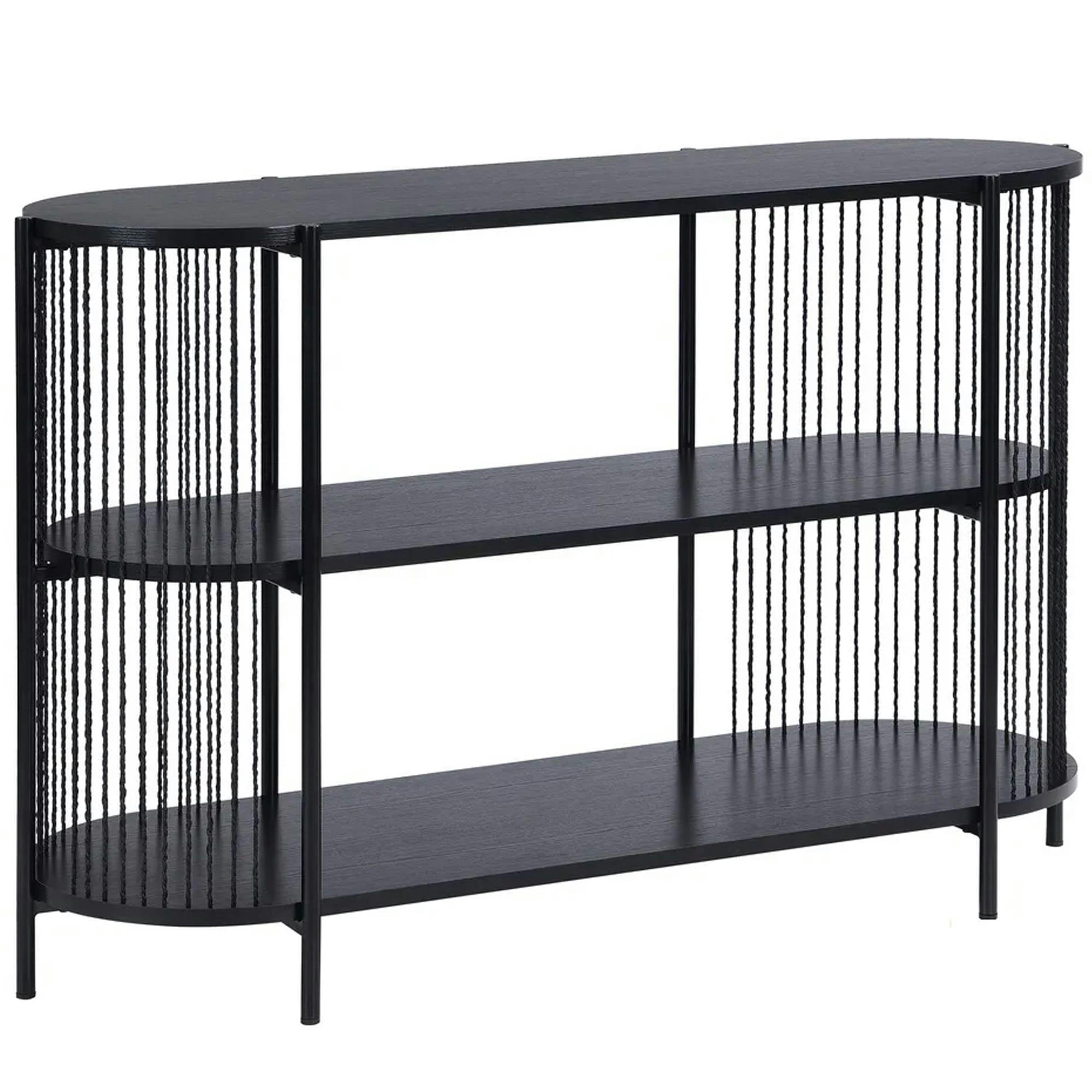 - Console d'entrée noire en bois, métal et corde 3 plateaux 124x42x80cm