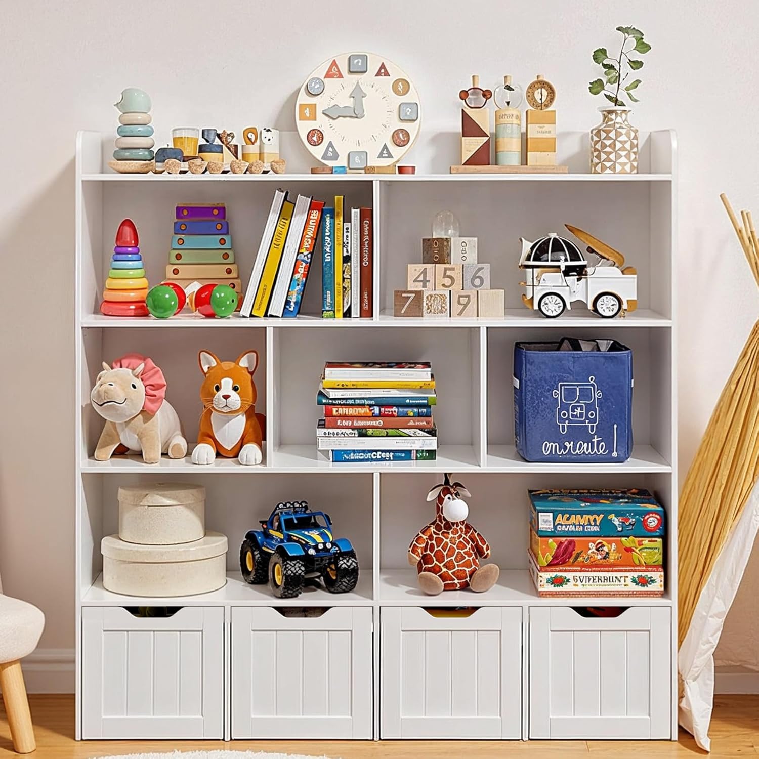 Gizoon Toy Storage Cabinet and Kids Bookcase with 4 Movable Drawers and 8 Open Shelves Toy Chest Shelf Organizer with Hidden Wheels for Playroom Nursery Kids Room, White