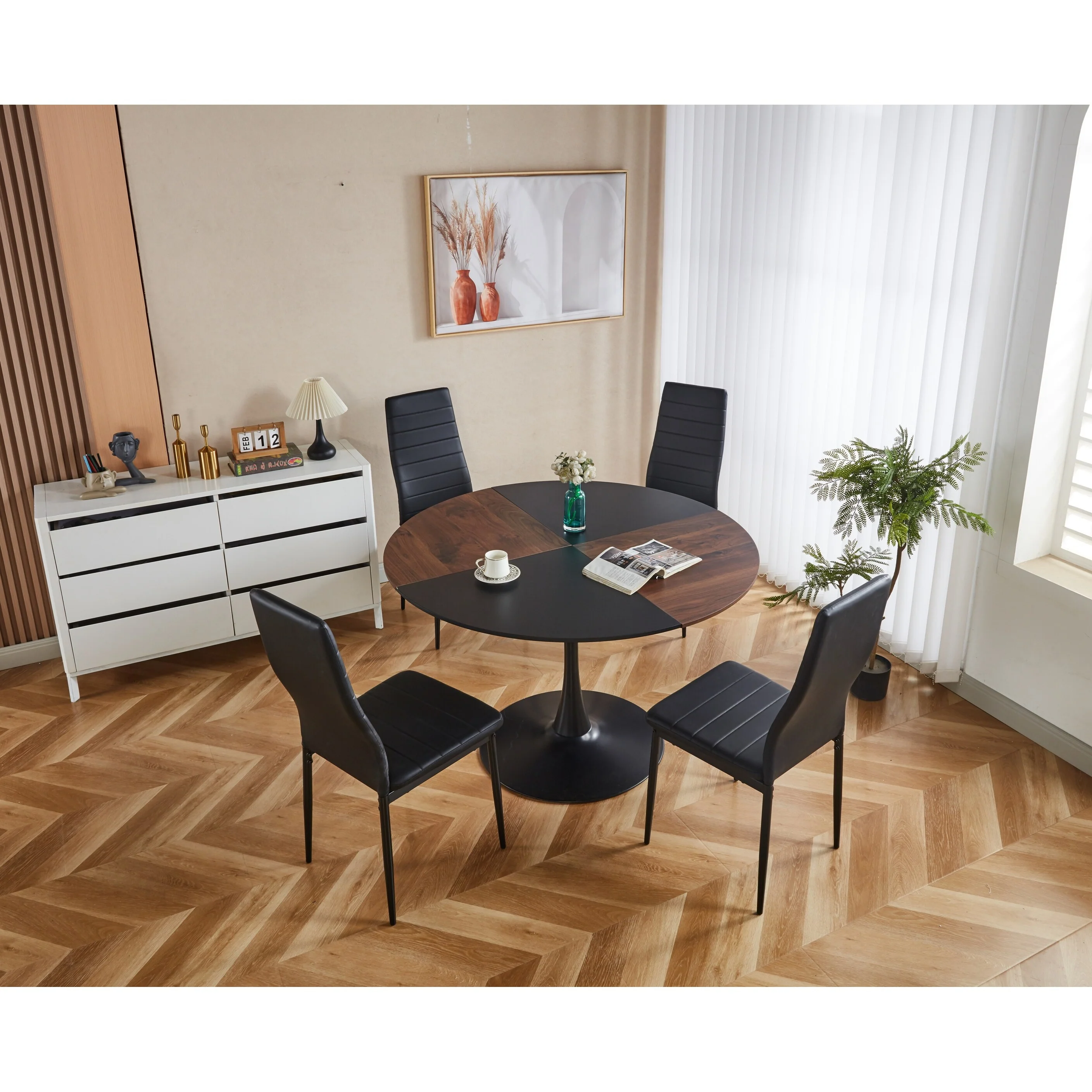 Modern Style 5-Piece Dining Set with Round Table and 4 High Back Upholstered Dining Chairs