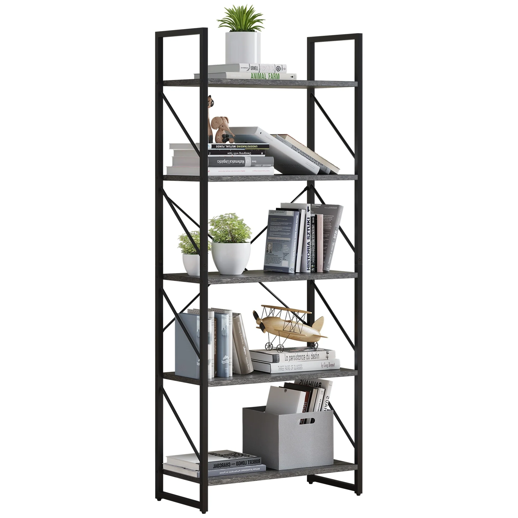 Roul Wood 5-Tier Bookshelf Industrial Artsy Grey Bookcase Books Holder Organizer