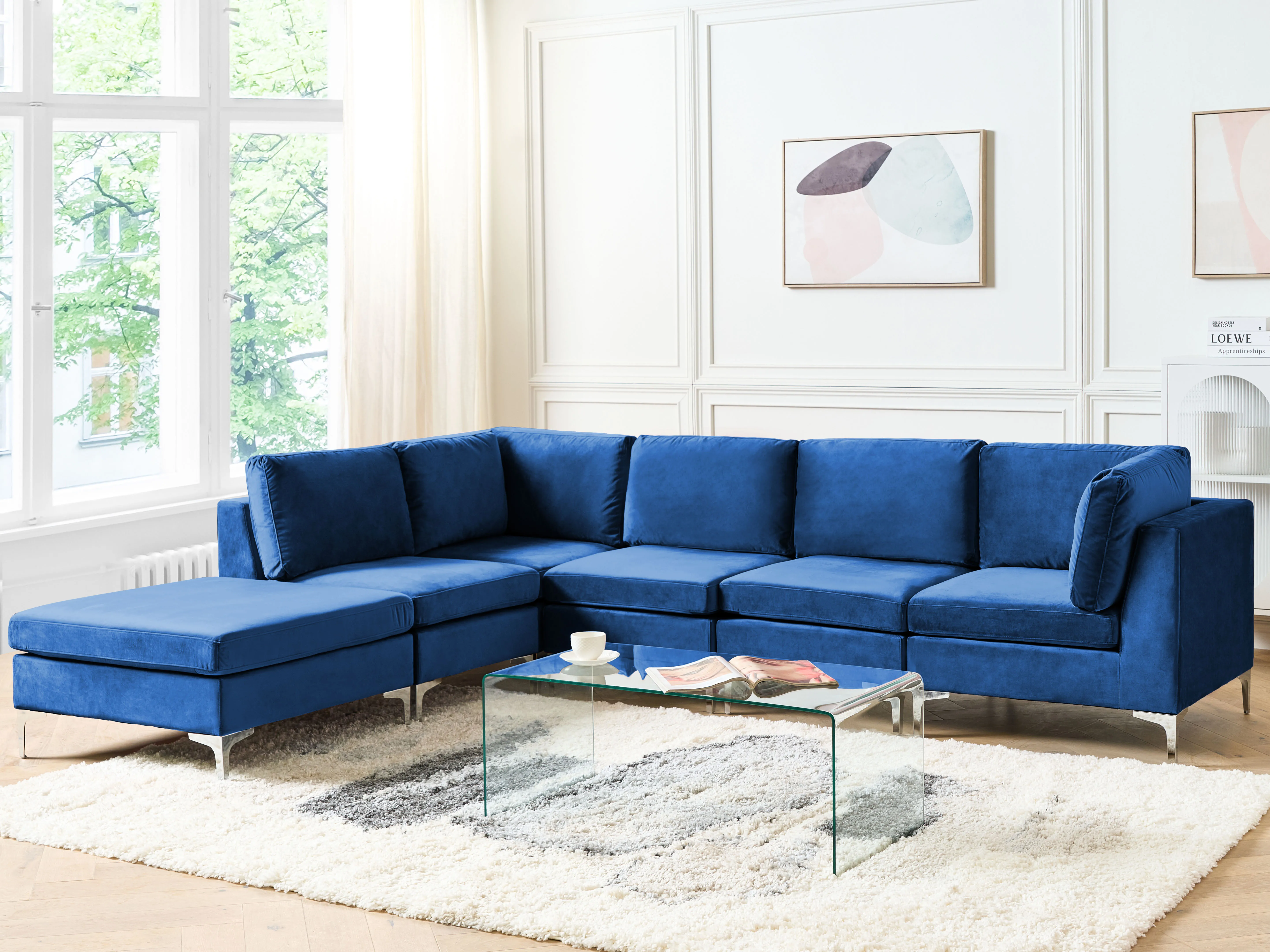 Modular Corner Sofa 5 Seater EVJA Velvet Navy Blue with Ottoman Right Hand