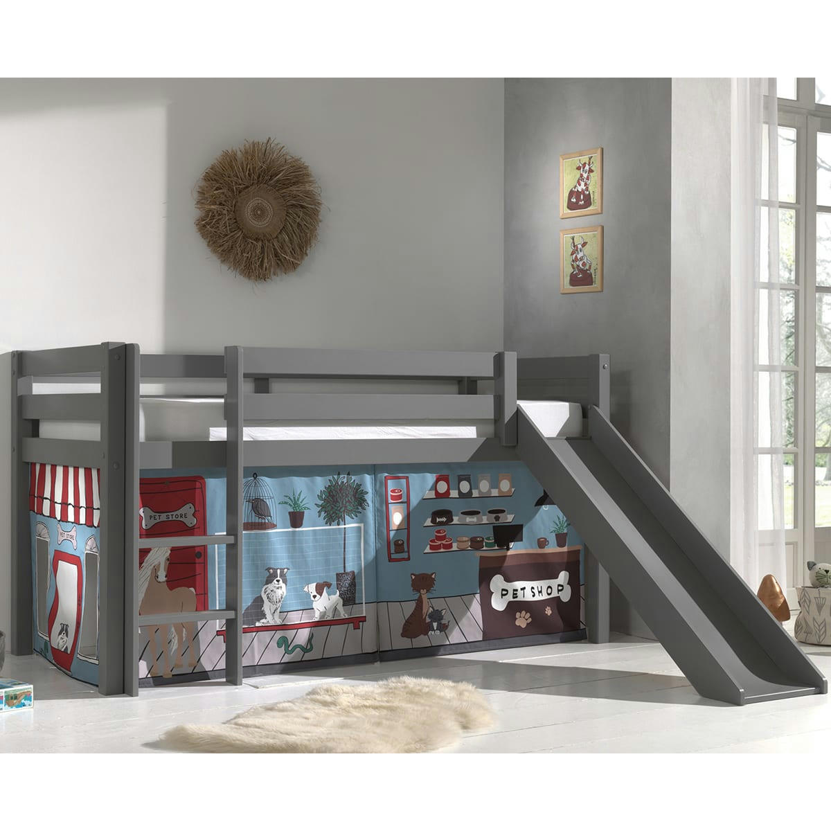 PINO - Lit mi-hauteur 90x200 toboggan sommier inclus housse pet shop vert