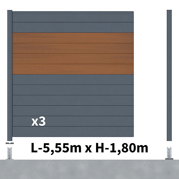 Kit Clôture Aluminium BAHIA &CRUZ Teck 5,5x1,8m - Aluminium et bois composite - Poteaux sur Platines gris - Occultation