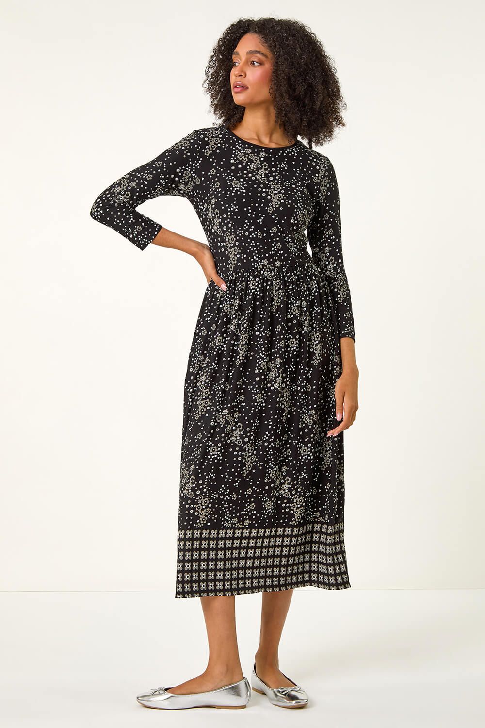 Roman Floral Border Print Midi Dress
