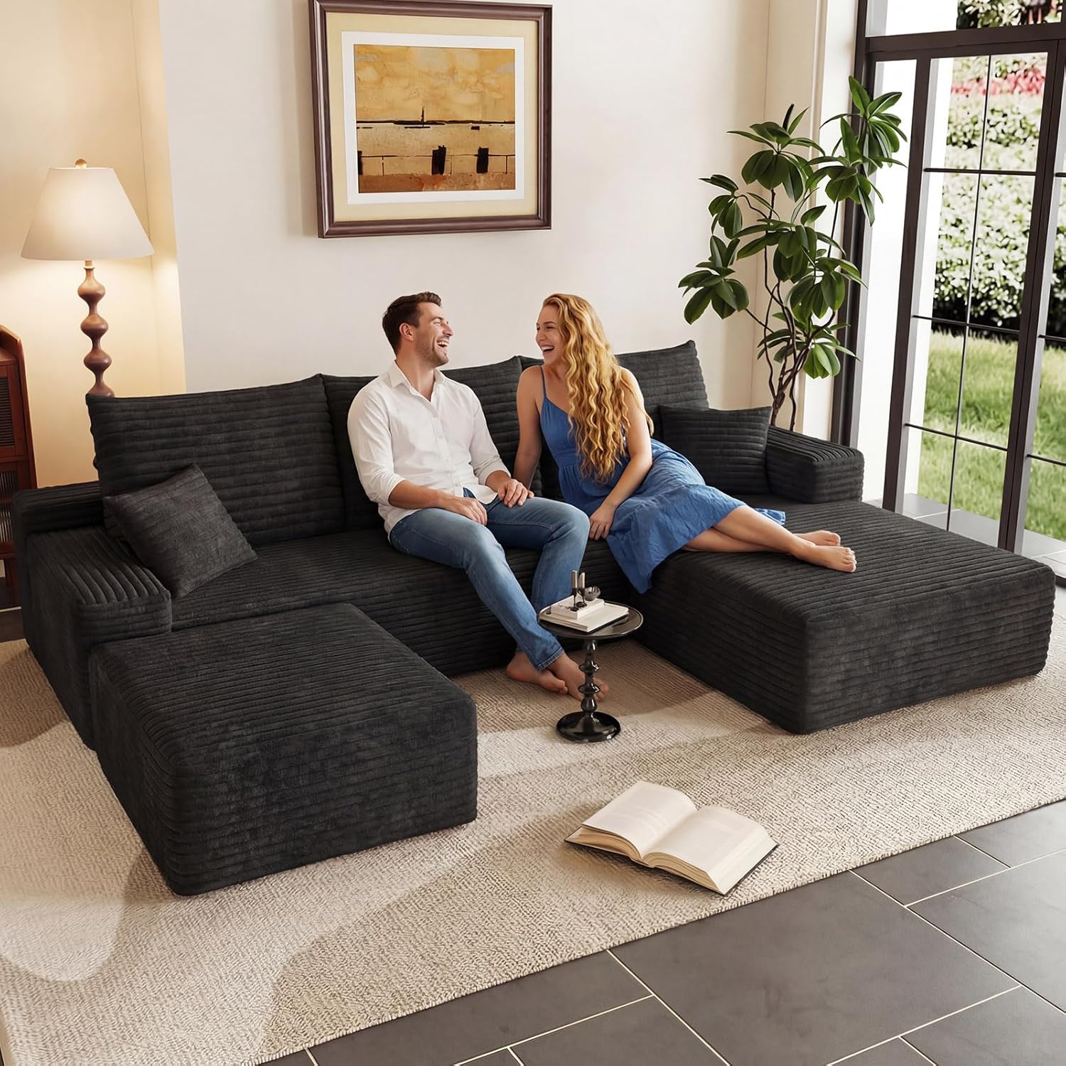 95 U-Shape Cloud Couch, Modern Modular Sectional L-Shape Sofa with Ottoman, Corduroy Upholstered Couches Deep Seat Sleeper Chaise Longue for Living Room, No Assembly Required(Black, Right Facing)