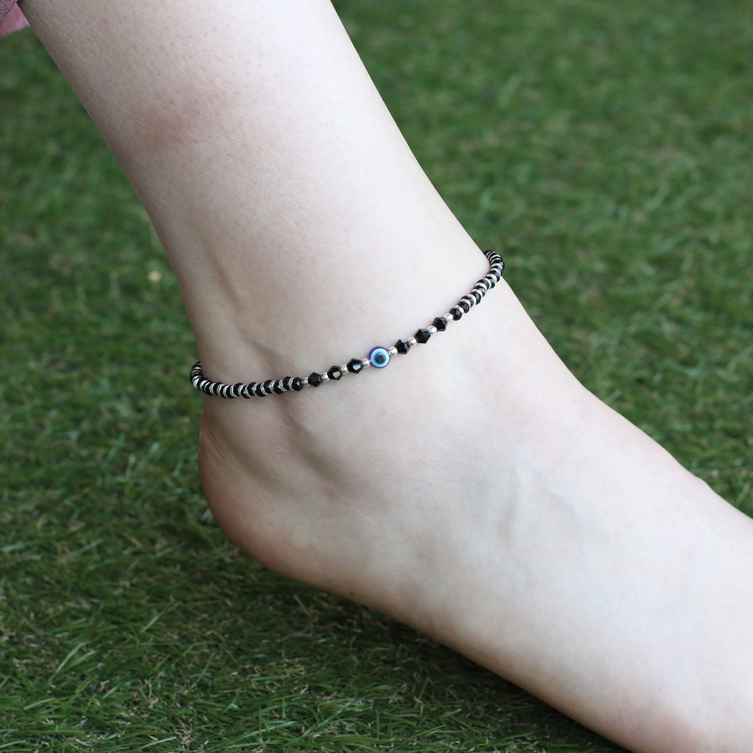 The Colourful Aura 925 Silver Black Beaded Evil Eye Nazar Payal Anklet