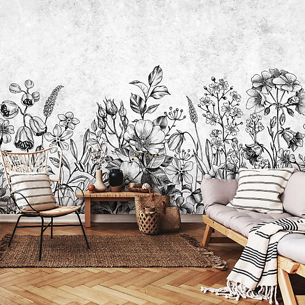 Papier Peint Panoramique Intissé Fleurs Béton Gris - 416x254 cm - Papier Peint Chambre et salon