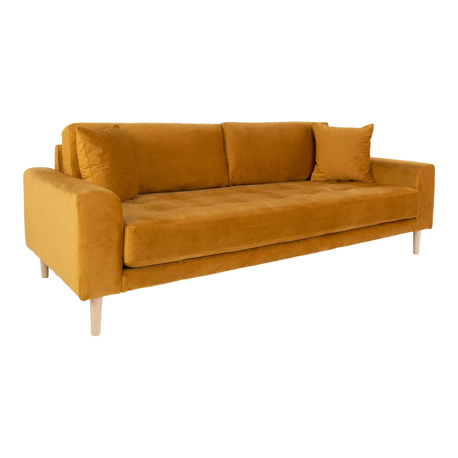 Sofa Lido żółta aksamitna tapicerka nóżki z drewna bukowego