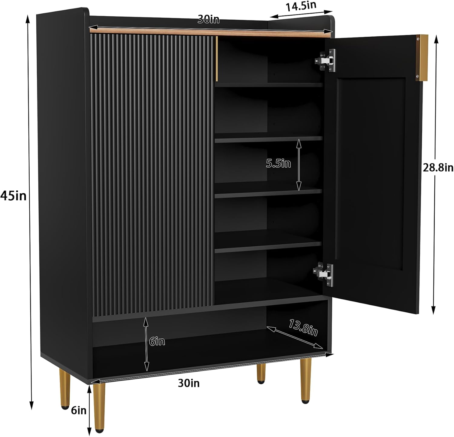 Modern Shoe Storage Cabinet, 7-Tiers Black Shoes Cabinet with Fluted Doors, 45 inch Tall Wooden Shoe Organizer with 4 Adjustable Shelves, Storage Cabinet for Entryway, Hallway, Front Door