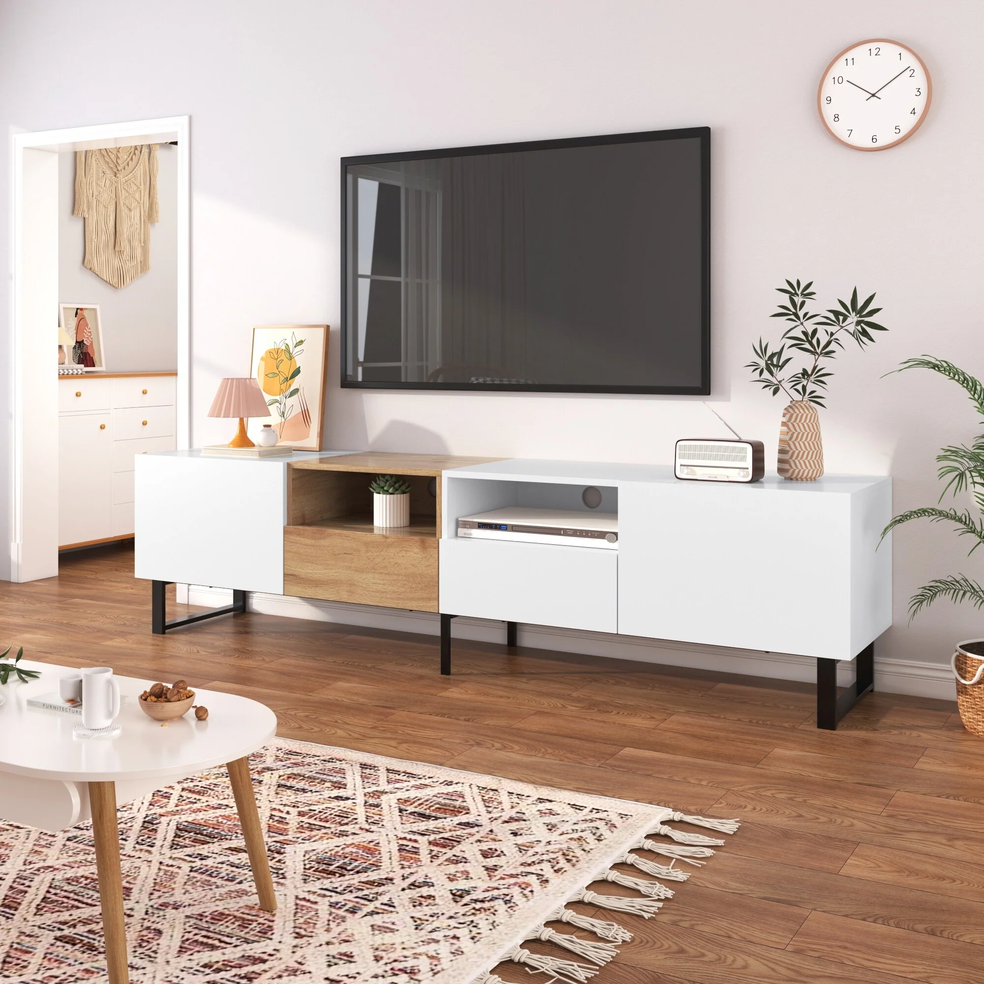 White+Natural 74 TV Stand with Drop-Down Door & Storage for TVs Up to 85