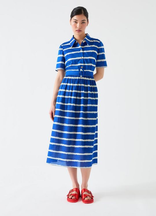Brielle Mazarine Blue & Birch Cotton Mazarine Blue& Birch Stripe Voile Shirt Dress