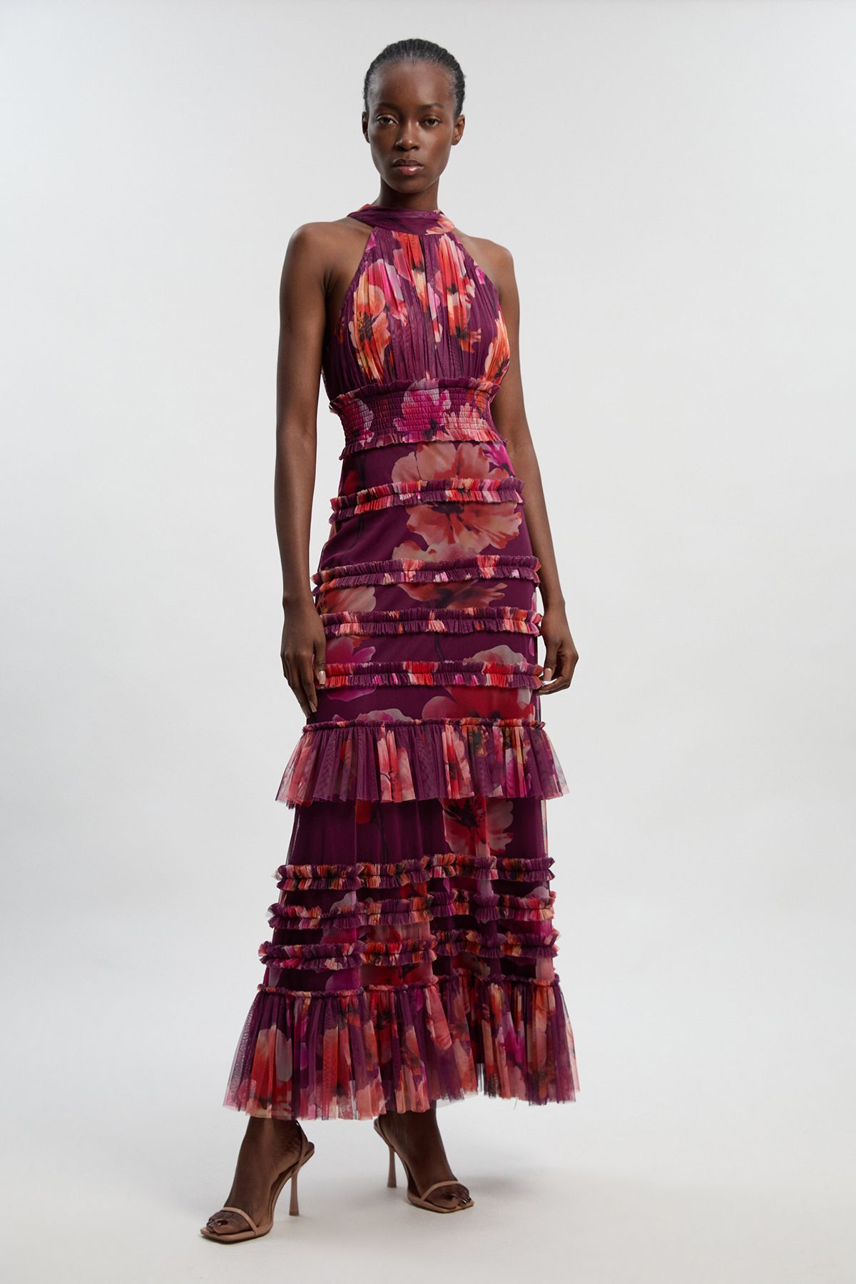 KarenMillen Petite Floral Tulle Halter Neck Woven Maxi Dress