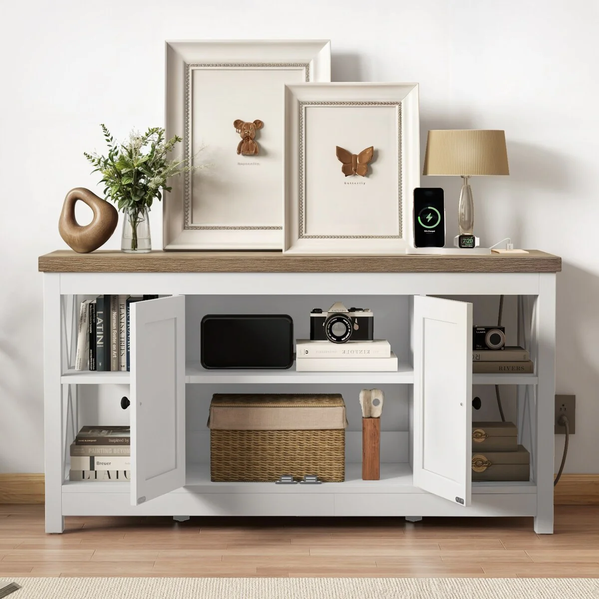 Moasis 47 Farmhouse TV Stand with Built-in Power Outlet, Entertainment Center with Storage for Living Room