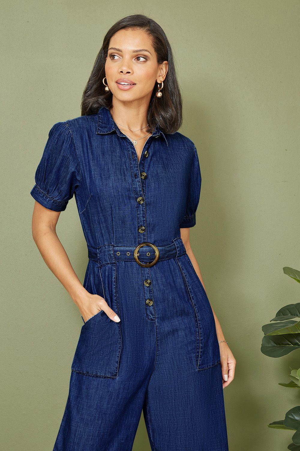 Yumi Blue Cotton Chambray Button Up Jumpsuit
