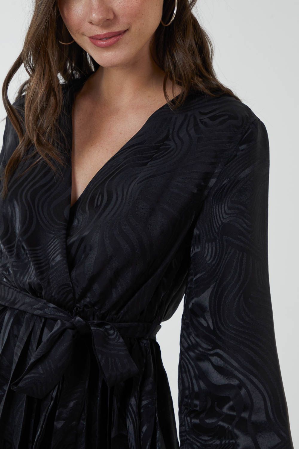 Blue Vanilla Jacquard Wrap Front Belted Pleated Midi Dress