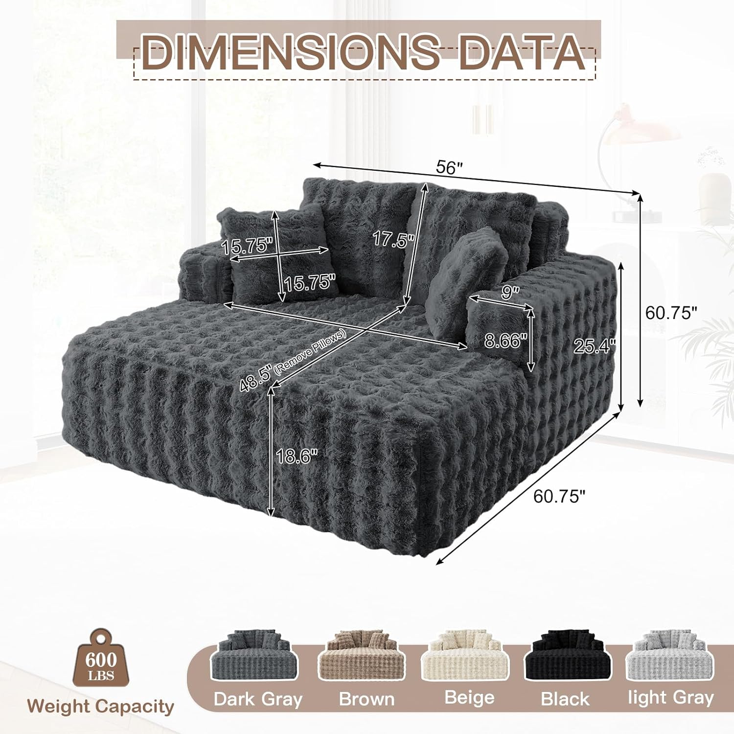 56 W Oversized Chaise Lounge Chair Indoor,Plush Faux Fur Sleeper Couch Sofa Bed with Pillows,Fluffy Comfy Cloud Sofa,Compression Foam Boneless Couch for Living Room,Bedroom(Bubble, Grey)