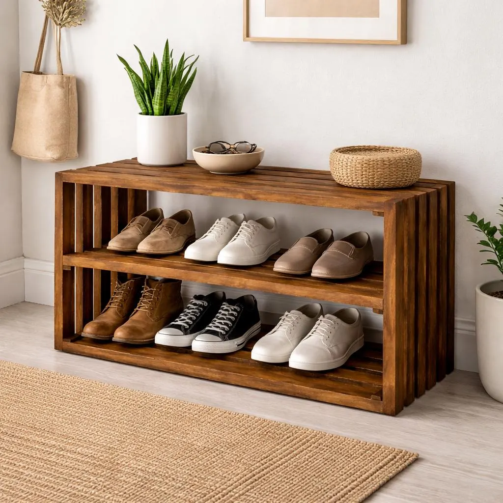 Rustic Wooden Shoe Rack Bench – 2 Tier Entryway Shelf, Early American