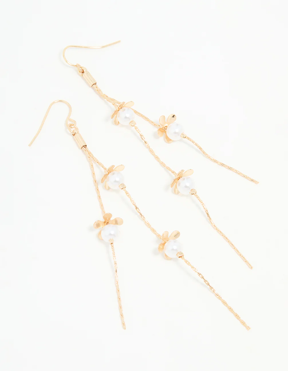 Gold Pearl Flower Chain Drop Earrings
