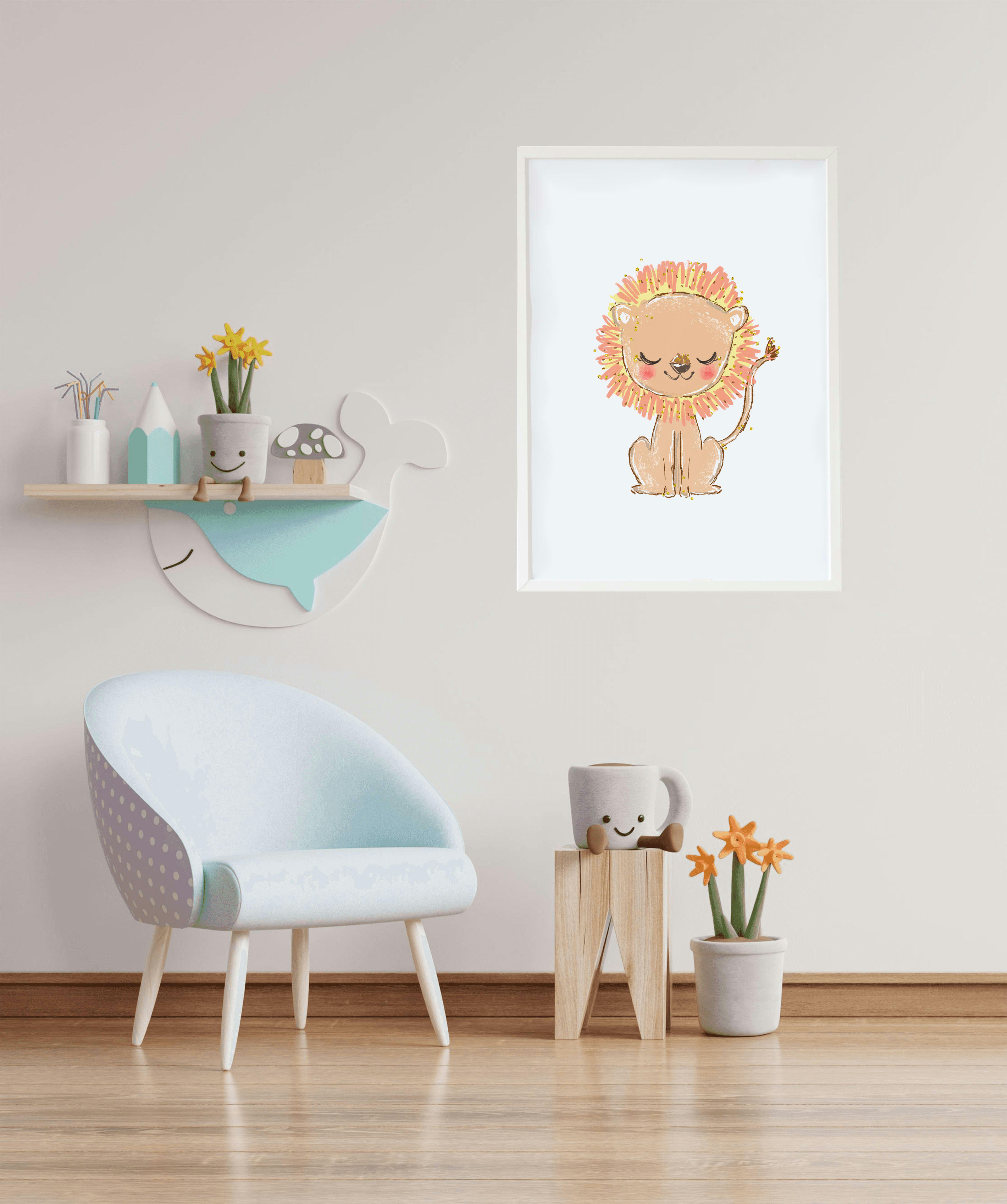 DECOWALL - Impression de Lion encadrée en bois blanc 43X33 cm