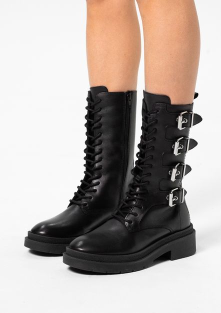 Zwart leren veterlaarzen met multi buckles