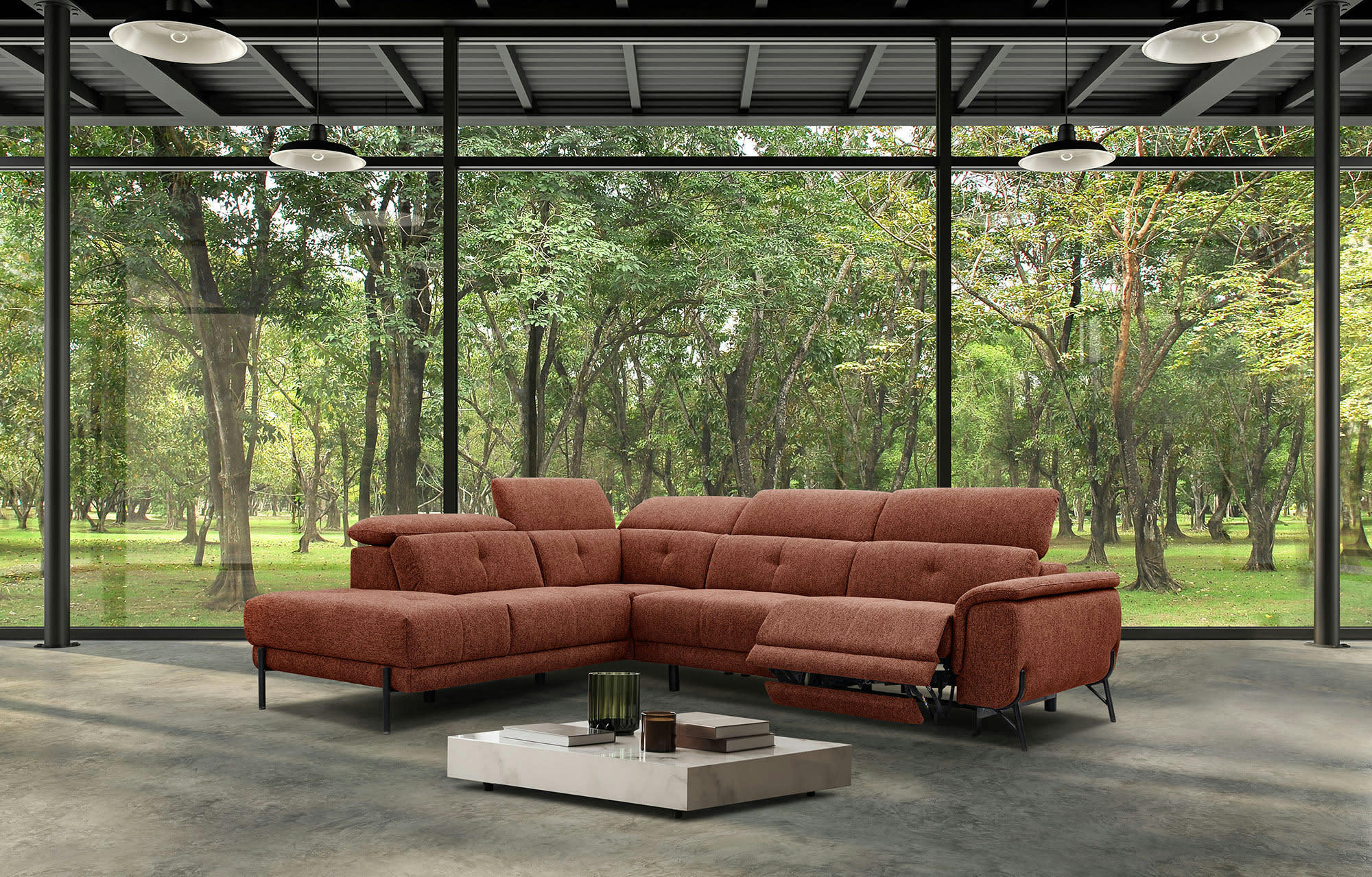 AVENA - Canapé d'angle gauche 5 places avec une relax électrique tissu brique