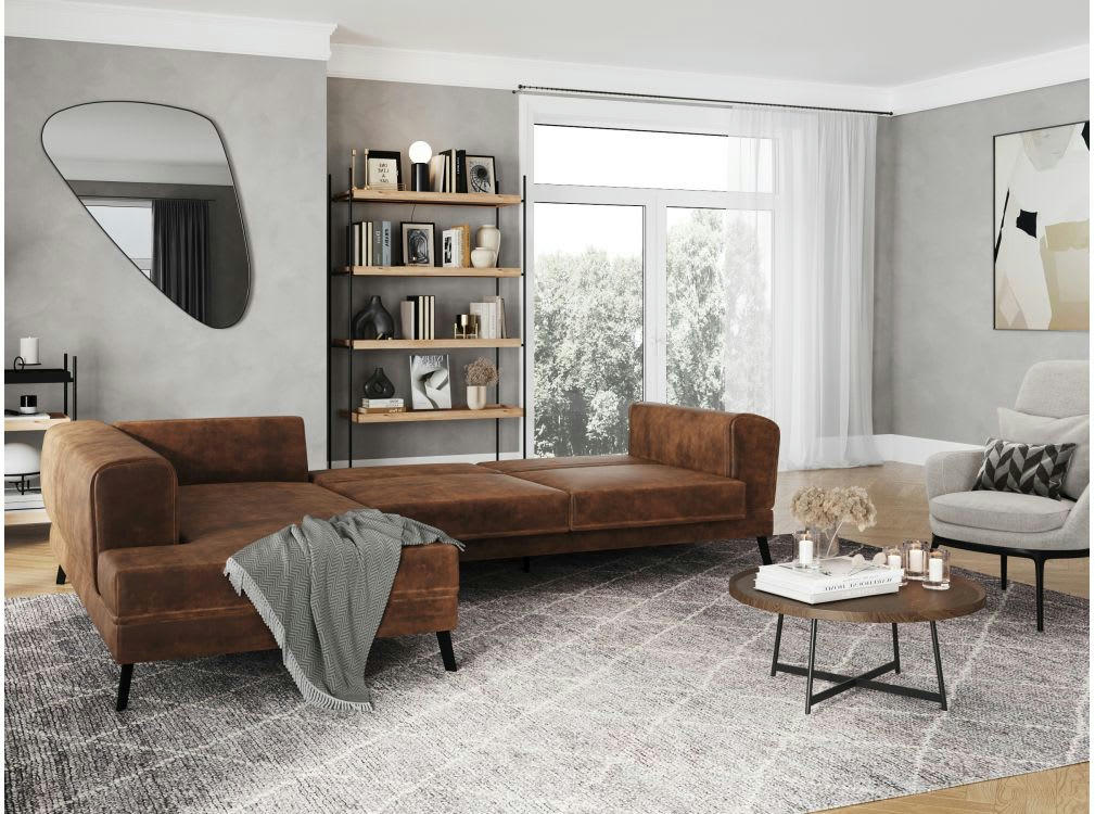 INDIA - Canapé d'angle convertible 2 coffres en tissu marron industriel