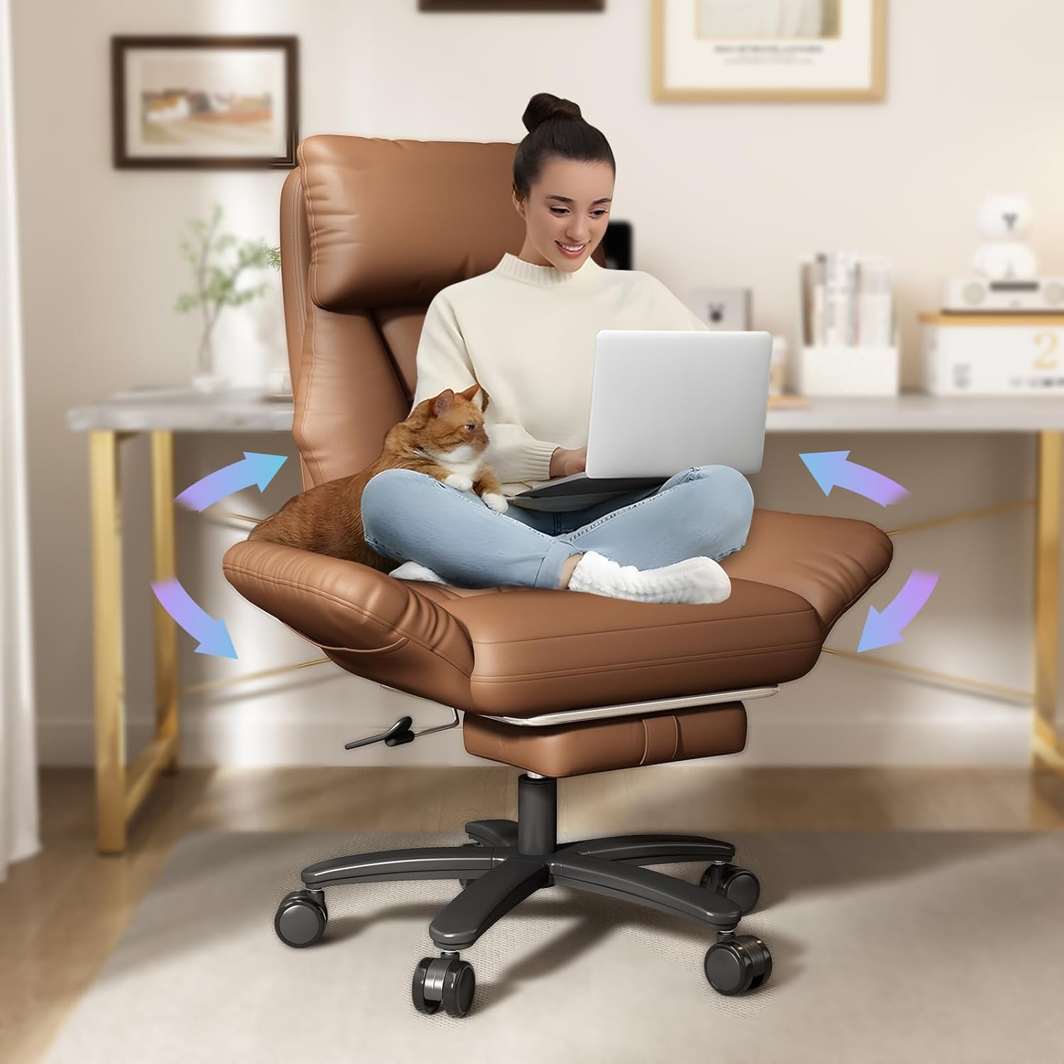 Cross Legged Office Chair with Pets Friendly Arms, Plus Size Criss Cross Desk Chair, Big and Tall Office Chair with Foot Rest, Reversible Armrests & Wide Seat, Brown