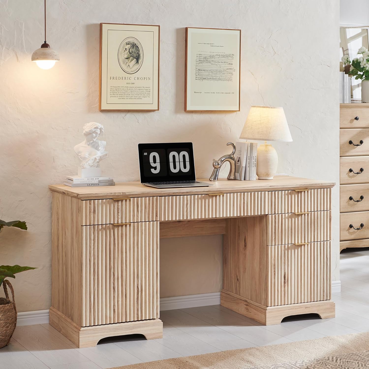 JXQTLINGMU 58 Modern Executive Desk with Storage, Wood Home Office Desk with 5 Drawers & 1 Cabinet, Fluted Computer Writing Desk for Study, Living Room, Bedroom, Oak