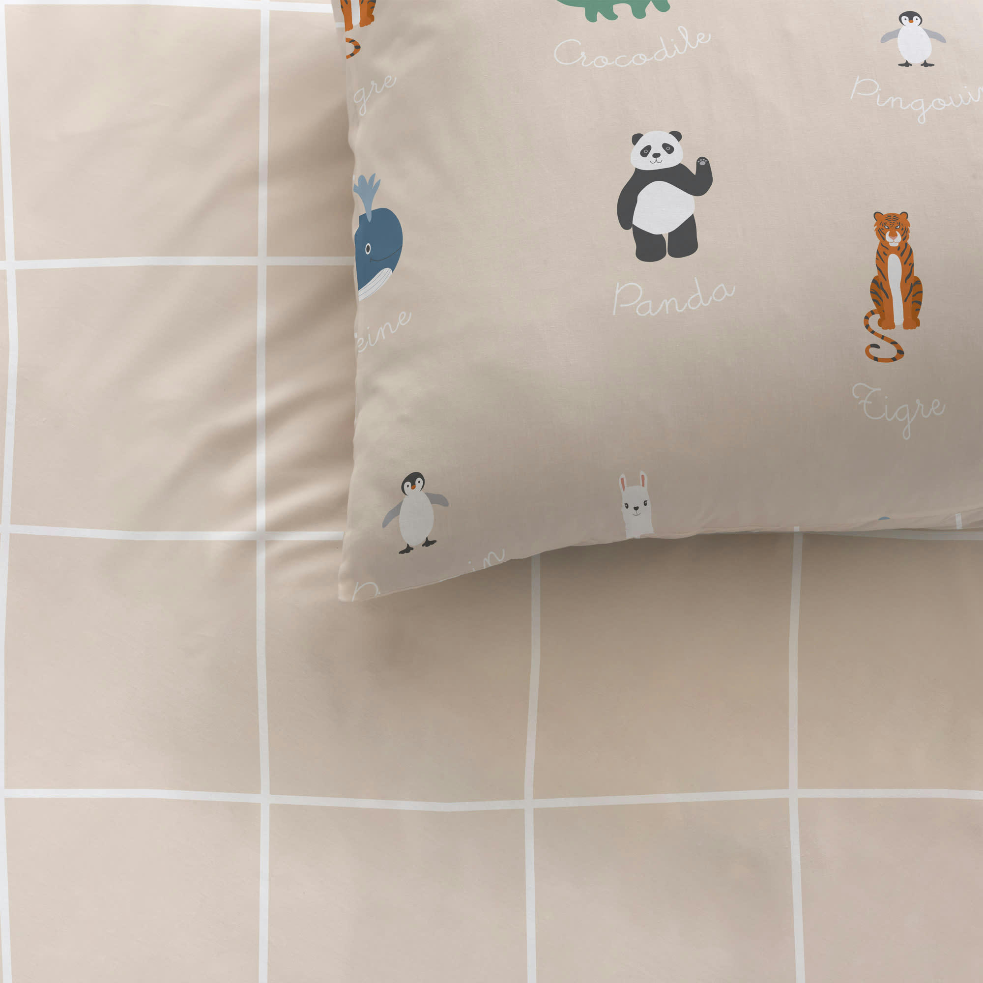 ANIMAUX DU MONDE - Housse de couette et taie d'oreiller en coton Beige 140x200+63x63cm