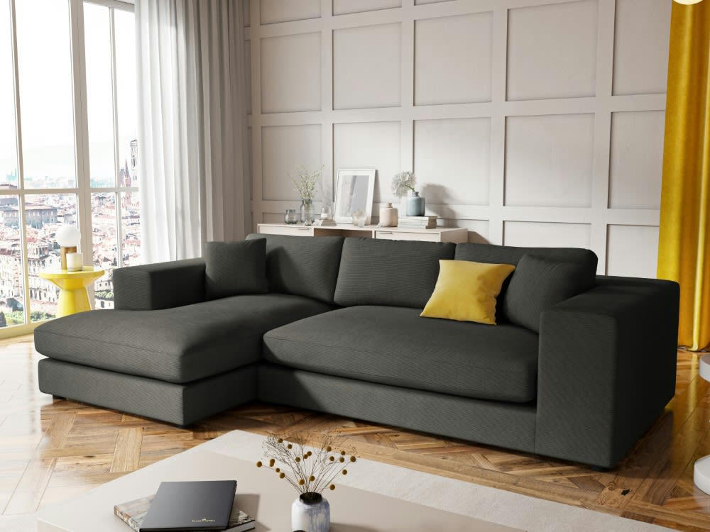 TENDANCE - Canapé d'angle 5 places en tissu structuré gris foncé